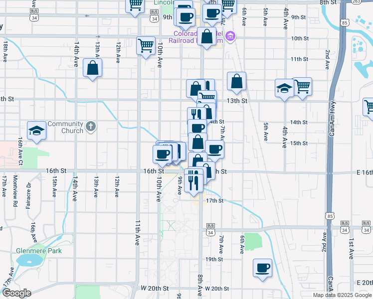 map of restaurants, bars, coffee shops, grocery stores, and more near 1528 9th Avenue in Greeley