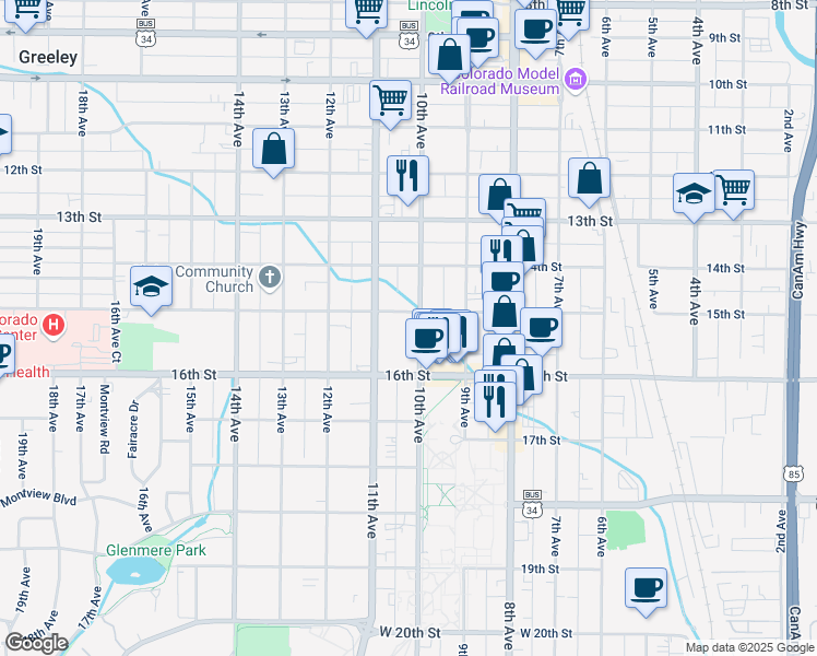 map of restaurants, bars, coffee shops, grocery stores, and more near 1027 16th Street in Greeley