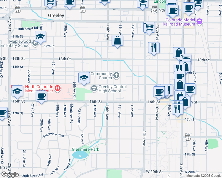 map of restaurants, bars, coffee shops, grocery stores, and more near 1528 14th Avenue in Greeley