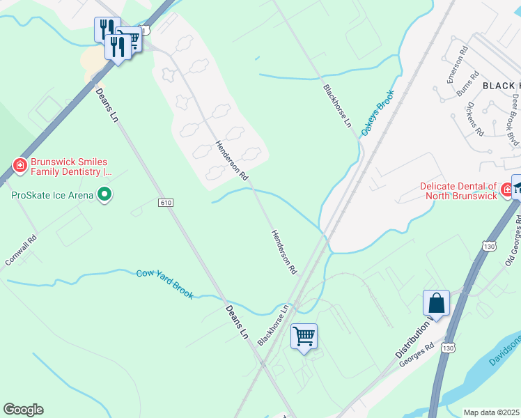 map of restaurants, bars, coffee shops, grocery stores, and more near 221 Henderson Road in South Brunswick Township