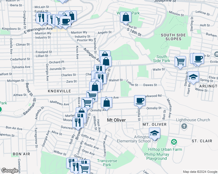 map of restaurants, bars, coffee shops, grocery stores, and more near 134 Sherman Avenue in Mount Oliver