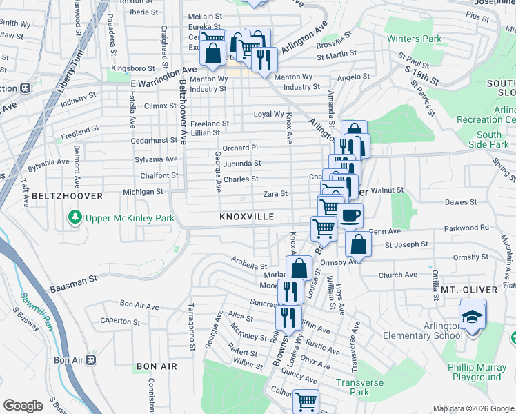 map of restaurants, bars, coffee shops, grocery stores, and more near 259 Bausman Street in Pittsburgh