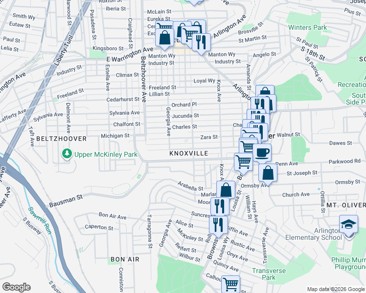 map of restaurants, bars, coffee shops, grocery stores, and more near 309 Bausman Street in Pittsburgh