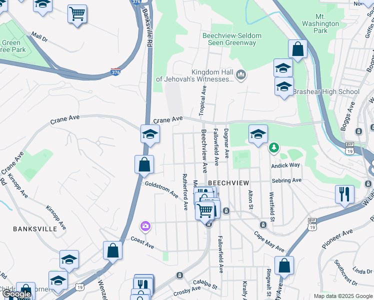 map of restaurants, bars, coffee shops, grocery stores, and more near 1341 Rutherford Avenue in Pittsburgh