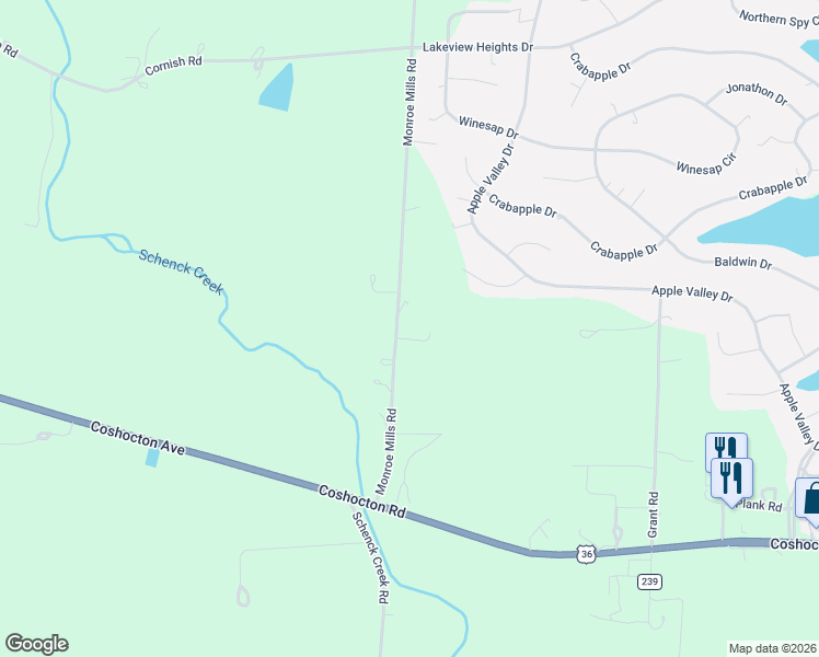 map of restaurants, bars, coffee shops, grocery stores, and more near 12500 Monroe Mills Road in Mount Vernon