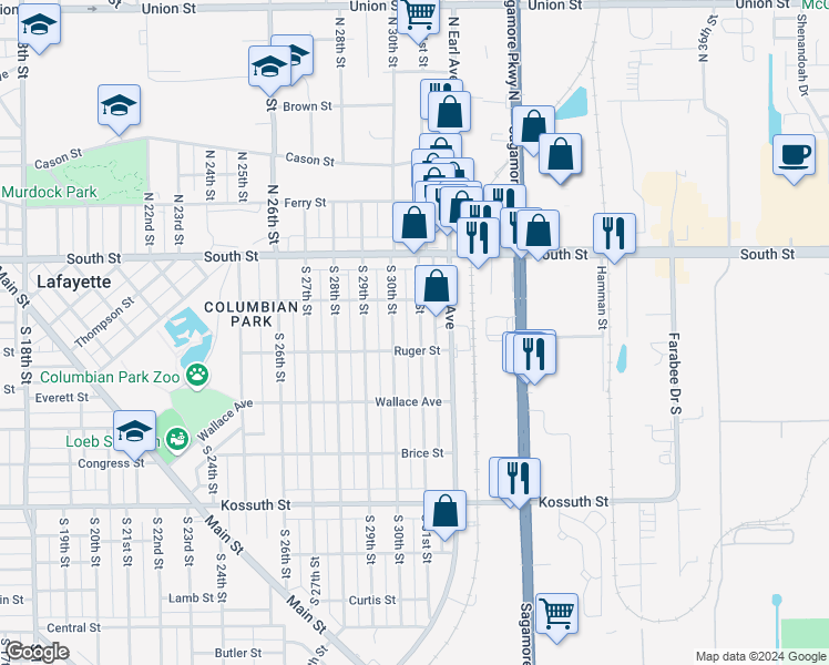 map of restaurants, bars, coffee shops, grocery stores, and more near 302 South 31st Street in Lafayette