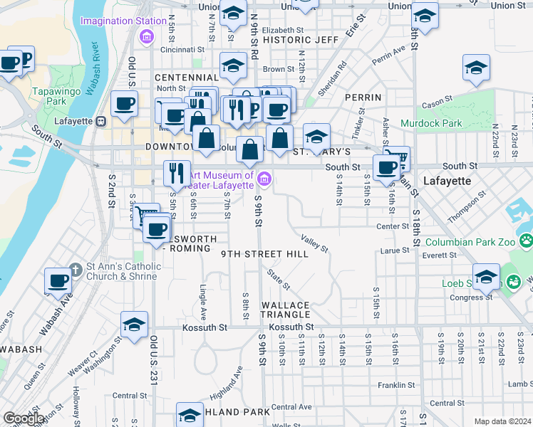 map of restaurants, bars, coffee shops, grocery stores, and more near 301 South 9th Street in Lafayette