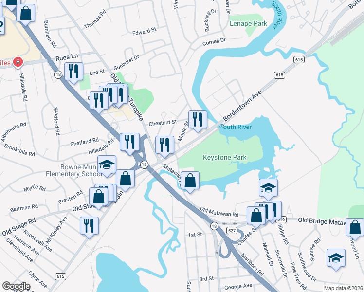 map of restaurants, bars, coffee shops, grocery stores, and more near 172 Main Street in East Brunswick
