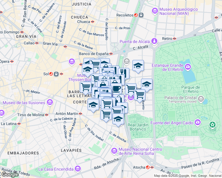 map of restaurants, bars, coffee shops, grocery stores, and more near 5 Plaza Canovas del Castillo in Madrid