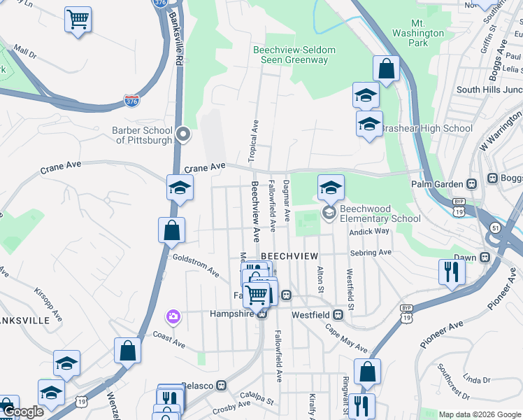 map of restaurants, bars, coffee shops, grocery stores, and more near 1341 Bayonne Avenue in Pittsburgh