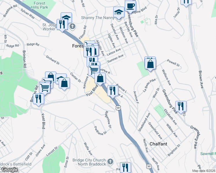 map of restaurants, bars, coffee shops, grocery stores, and more near 16 Ardmore Boulevard in Pittsburgh