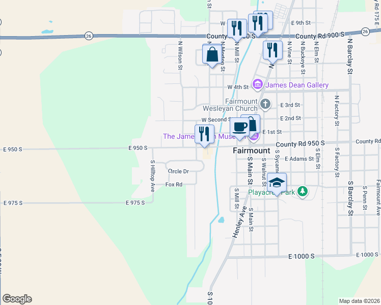 map of restaurants, bars, coffee shops, grocery stores, and more near 556 Circle Drive in Fairmount