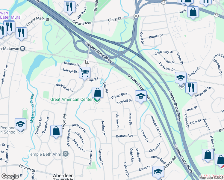 map of restaurants, bars, coffee shops, grocery stores, and more near 7 Carlow Way in Hazlet