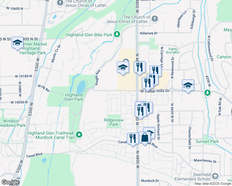 map of restaurants, bars, coffee shops, grocery stores, and more near 4924 Willowstone Dr in Highland