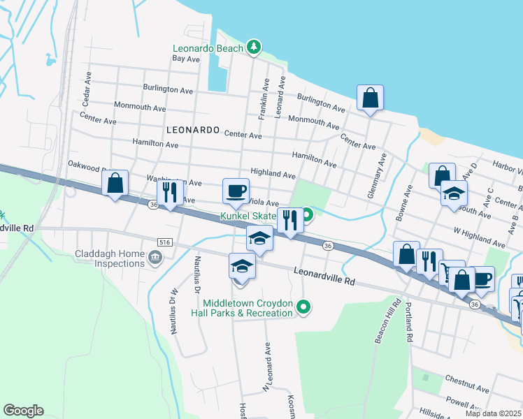 map of restaurants, bars, coffee shops, grocery stores, and more near 20 Vanderbilt Avenue in Leonardo