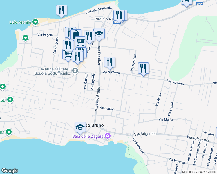 map of restaurants, bars, coffee shops, grocery stores, and more near 22 Via Temolo in Taranto