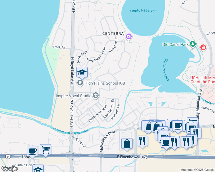 map of restaurants, bars, coffee shops, grocery stores, and more near 4310 Lyric Falls Court in Loveland