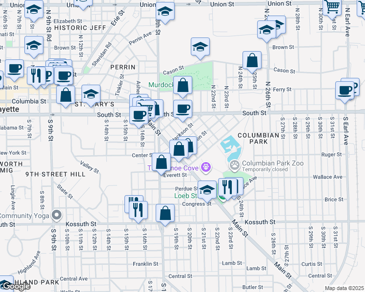 map of restaurants, bars, coffee shops, grocery stores, and more near 1825 Main Street in Lafayette