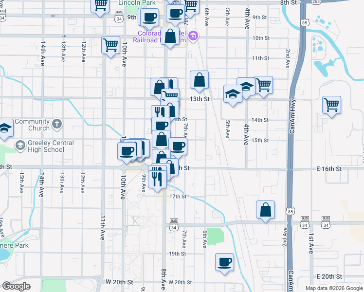 map of restaurants, bars, coffee shops, grocery stores, and more near 1509 7th Avenue in Greeley