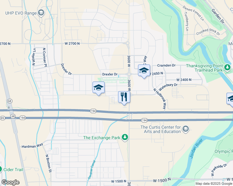 map of restaurants, bars, coffee shops, grocery stores, and more near 3723 West 2280 North in Lehi