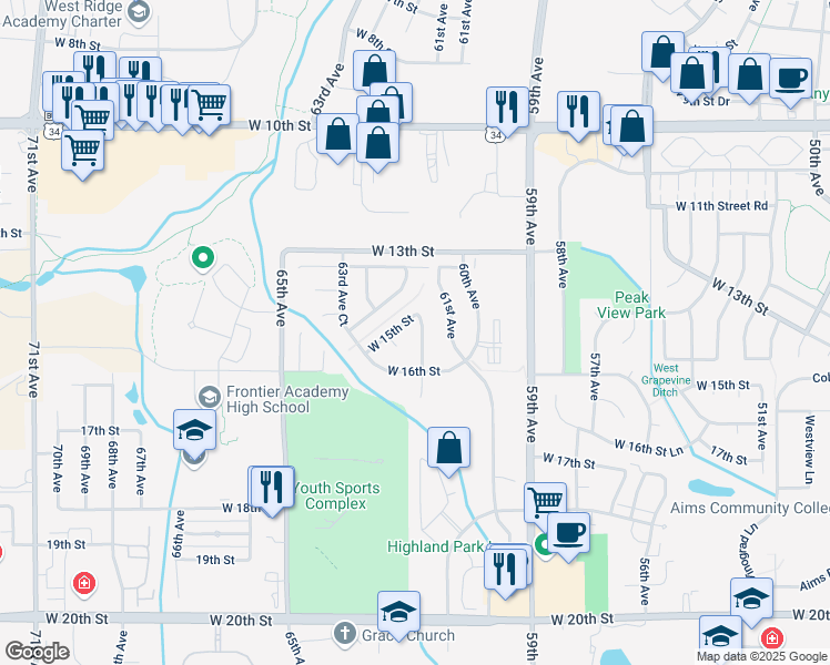 map of restaurants, bars, coffee shops, grocery stores, and more near 6101 West 15th Street in Greeley