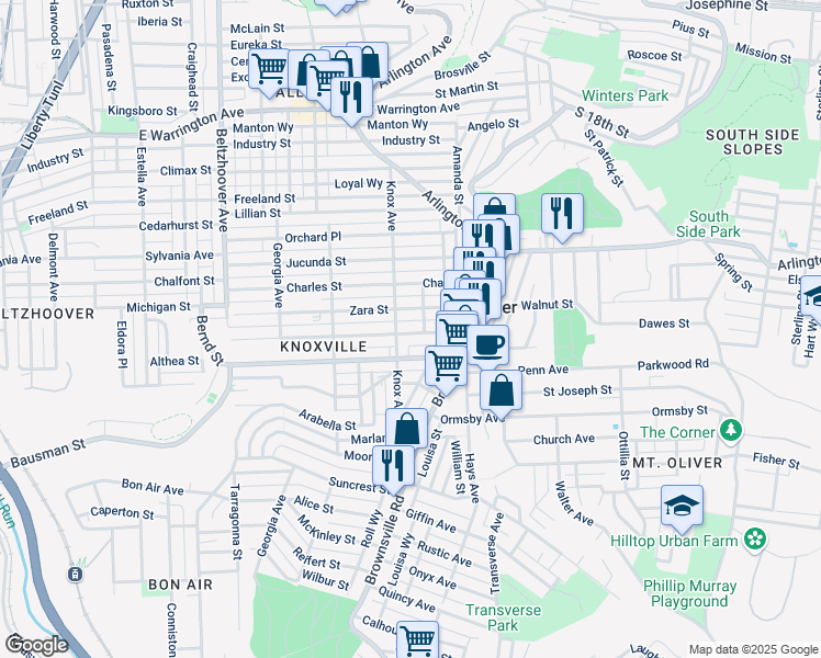 map of restaurants, bars, coffee shops, grocery stores, and more near 147 Zara Street in Pittsburgh
