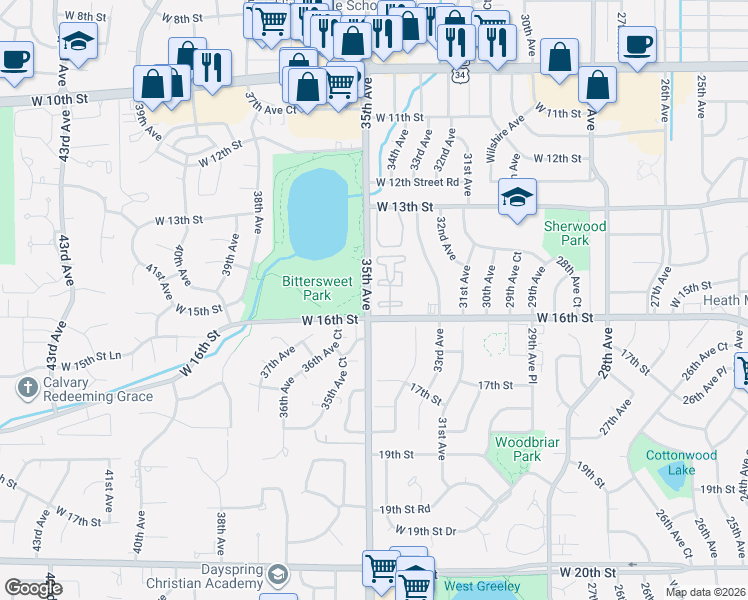 map of restaurants, bars, coffee shops, grocery stores, and more near 3405 16th Street in Greeley