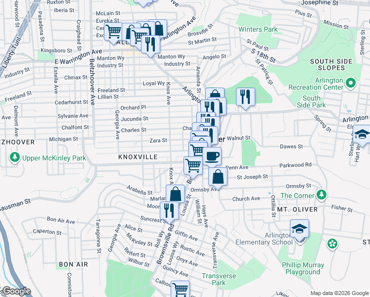map of restaurants, bars, coffee shops, grocery stores, and more near 117 Zara Street in Pittsburgh
