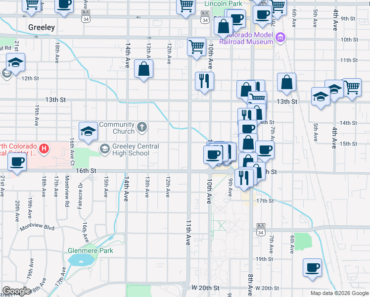 map of restaurants, bars, coffee shops, grocery stores, and more near 1507 11th Avenue in Greeley