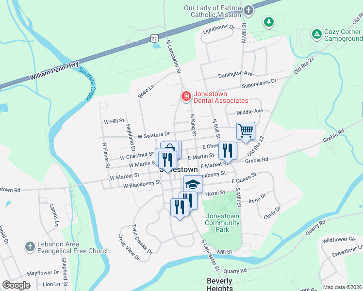 map of restaurants, bars, coffee shops, grocery stores, and more near 90 East Swatara Drive in Jonestown