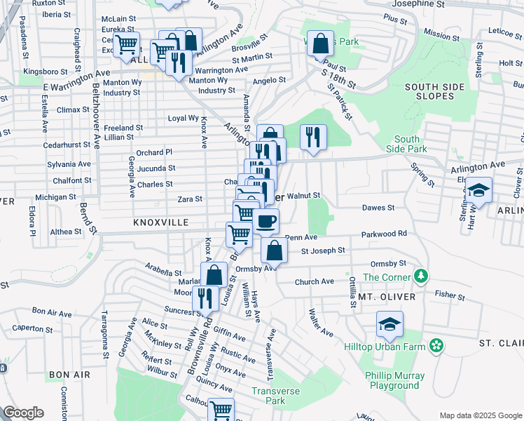 map of restaurants, bars, coffee shops, grocery stores, and more near in Mount Oliver