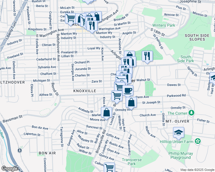 map of restaurants, bars, coffee shops, grocery stores, and more near 147 Zara Street in Pittsburgh