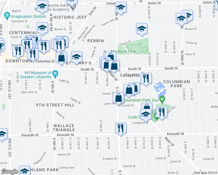 map of restaurants, bars, coffee shops, grocery stores, and more near 1602 Grove Street in Lafayette