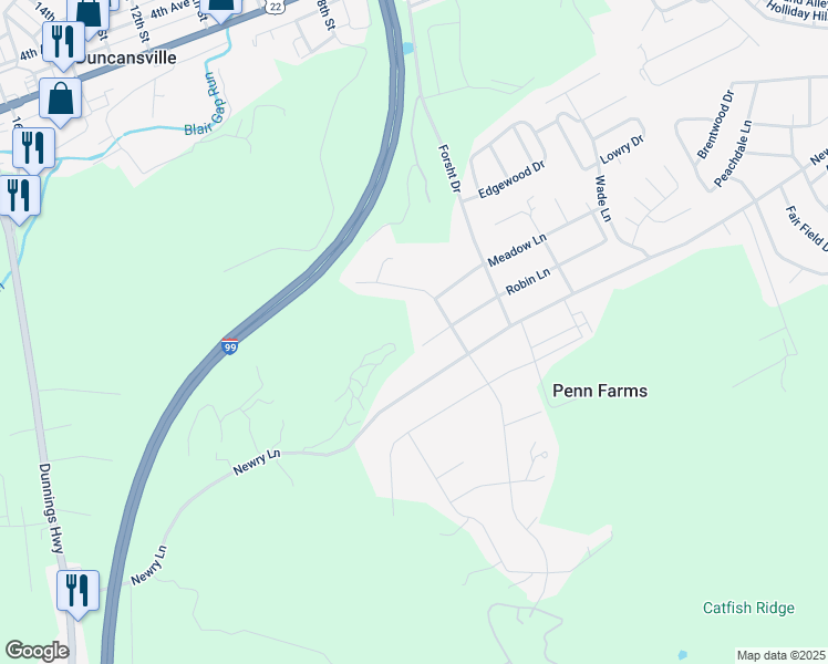 map of restaurants, bars, coffee shops, grocery stores, and more near Greystone Drive in Duncansville