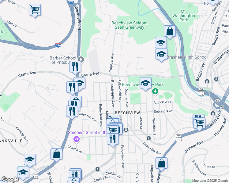 map of restaurants, bars, coffee shops, grocery stores, and more near 1304 Beechview Avenue in Pittsburgh