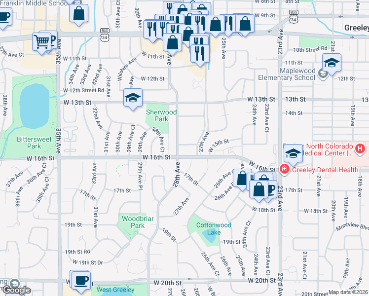 map of restaurants, bars, coffee shops, grocery stores, and more near 2725 West 15th Street in Greeley