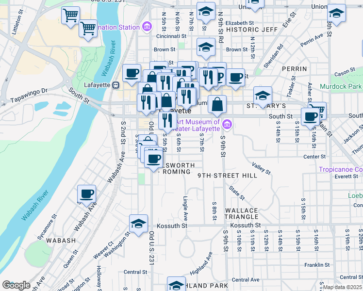map of restaurants, bars, coffee shops, grocery stores, and more near 205 South 6th Street in Lafayette