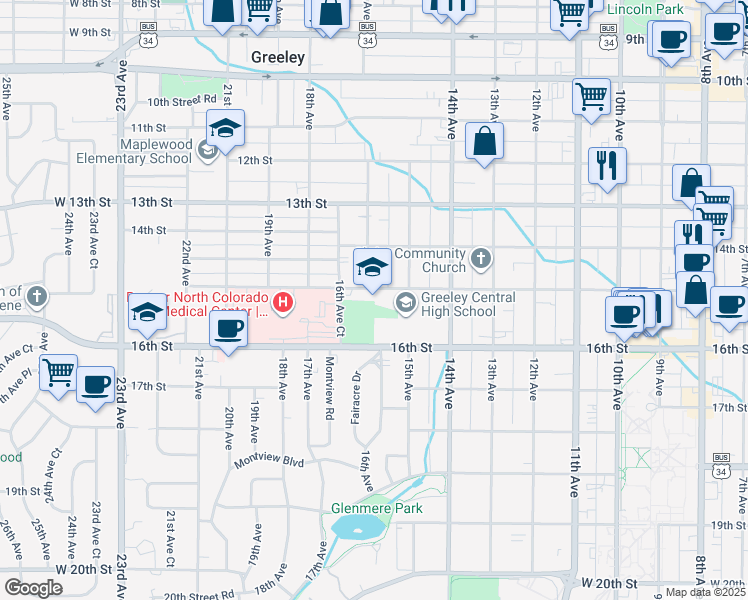 map of restaurants, bars, coffee shops, grocery stores, and more near 1515 14th Avenue in Greeley