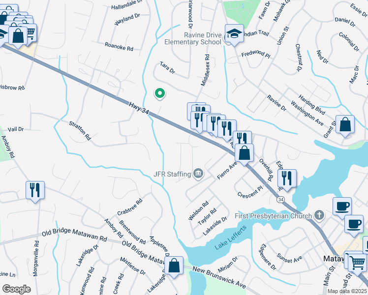 map of restaurants, bars, coffee shops, grocery stores, and more near 6 Lexington Circle in Matawan