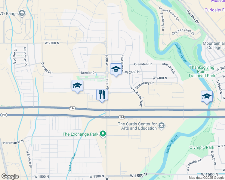 map of restaurants, bars, coffee shops, grocery stores, and more near 3542 Waterbury Drive in Lehi