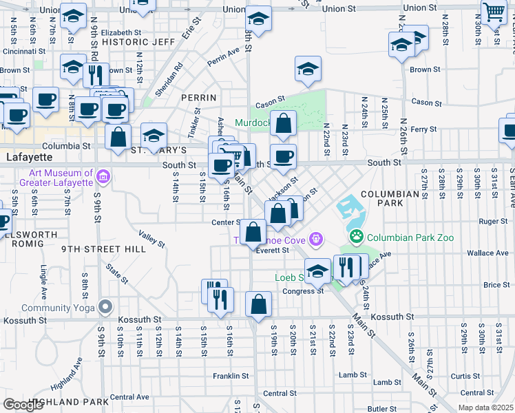 map of restaurants, bars, coffee shops, grocery stores, and more near 1712 Main Street in Lafayette