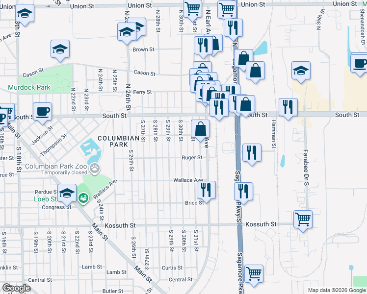 map of restaurants, bars, coffee shops, grocery stores, and more near 102 South 31st Street in Lafayette