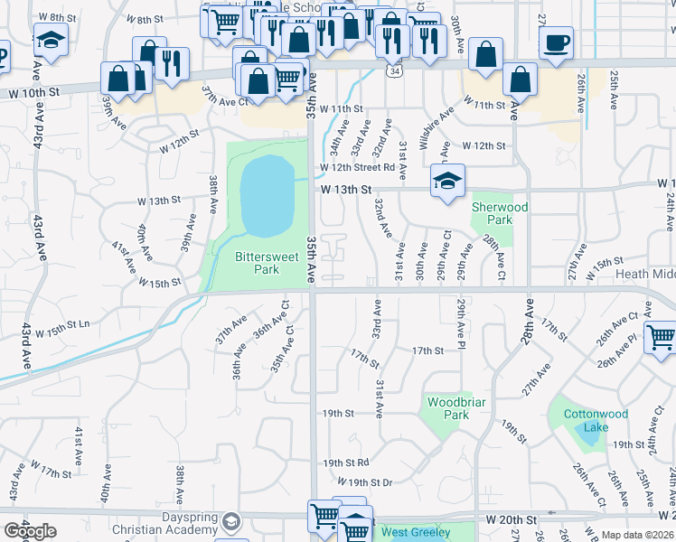 map of restaurants, bars, coffee shops, grocery stores, and more near 3405 16th Street in Greeley