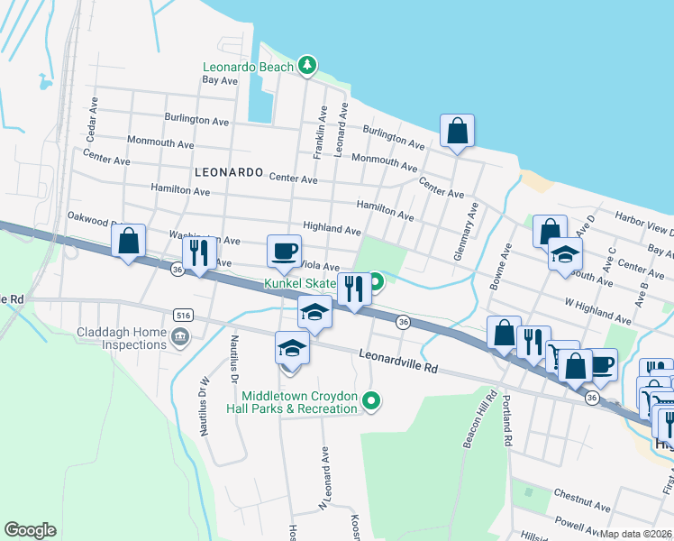 map of restaurants, bars, coffee shops, grocery stores, and more near 8 Washington Avenue in Leonardo