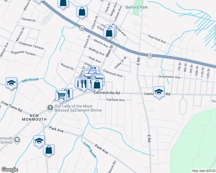 map of restaurants, bars, coffee shops, grocery stores, and more near 129 Maple Avenue in Belford
