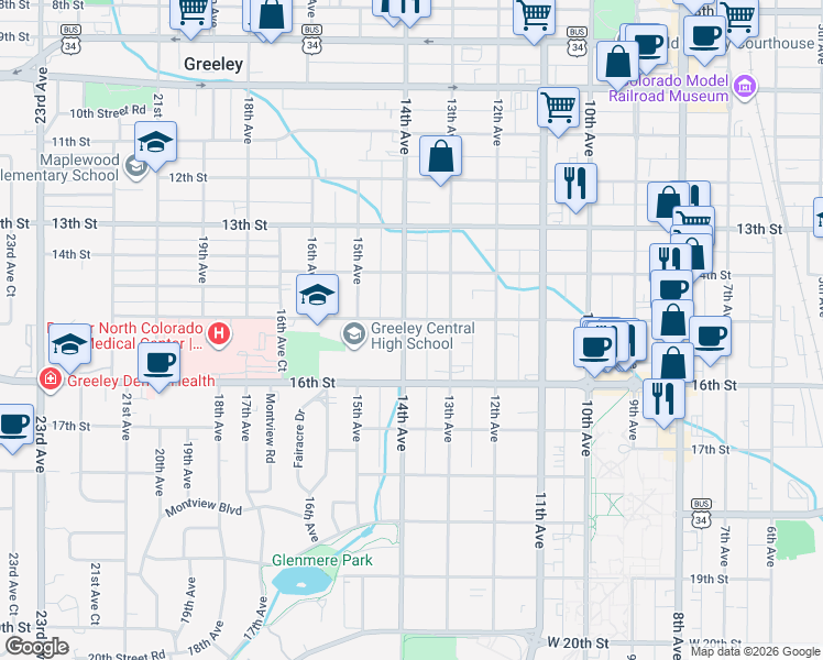 map of restaurants, bars, coffee shops, grocery stores, and more near 1424 14th Avenue in Greeley