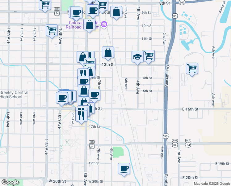 map of restaurants, bars, coffee shops, grocery stores, and more near 1500 6th Avenue in Greeley