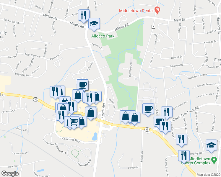 map of restaurants, bars, coffee shops, grocery stores, and more near 21 Persimmon Lane in Holmdel