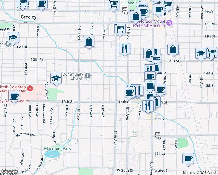 map of restaurants, bars, coffee shops, grocery stores, and more near 1115 15th Street in Greeley
