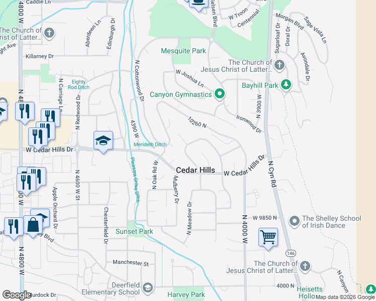 map of restaurants, bars, coffee shops, grocery stores, and more near 4198 North Sage Road East in Cedar Hills